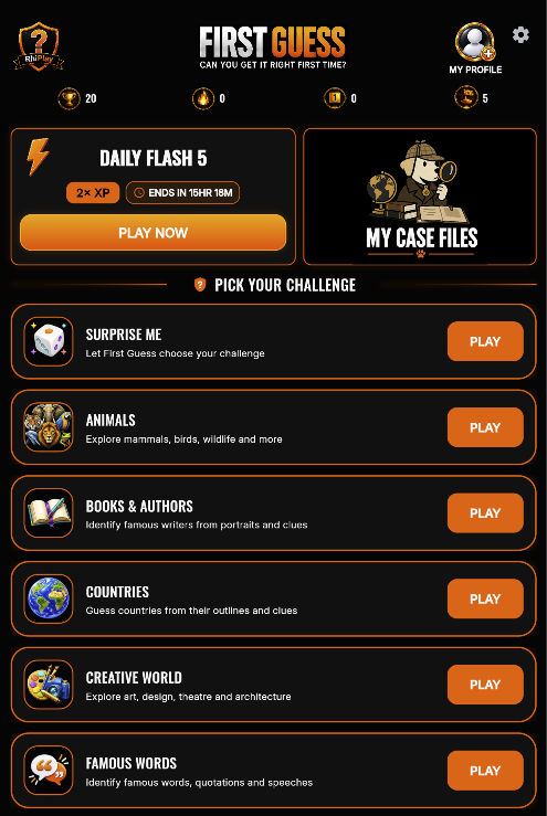 First Guess app home screen